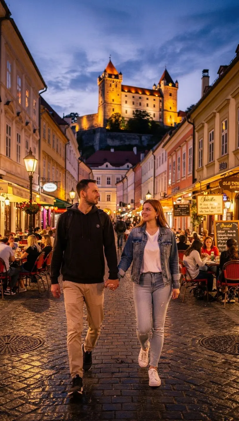Mapa peších trás cez bratislavské mestské časti so zvýraznenými turistickými atrakciami.